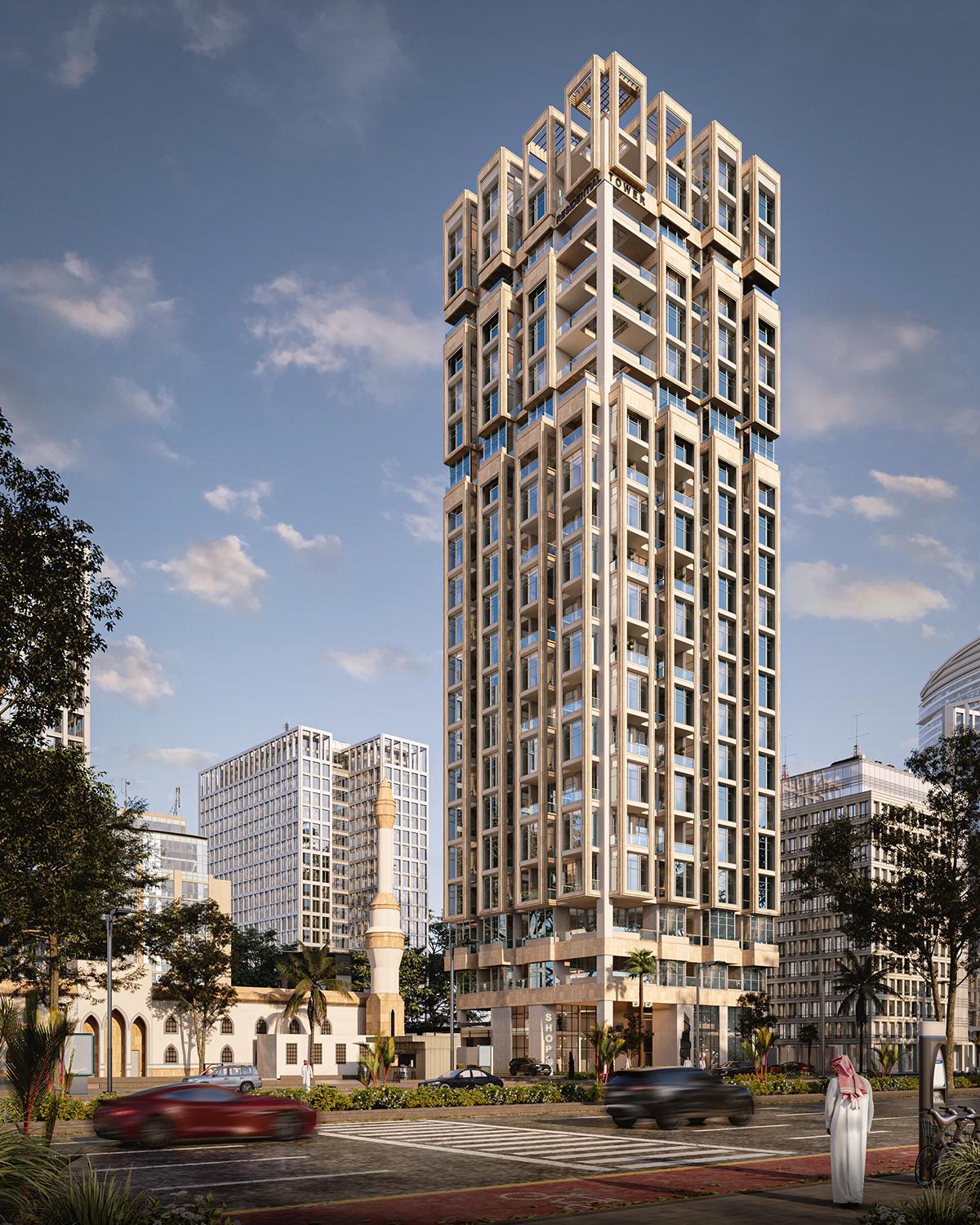 Residential and office tower architectural render